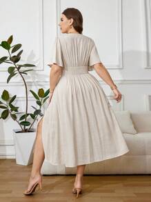 SHEIN Clasi Vestido de lino con cuello en V y bajo con abertura para mujer talla grande, vestido de madre de la novia, verano - Albaricoque - Ver 3