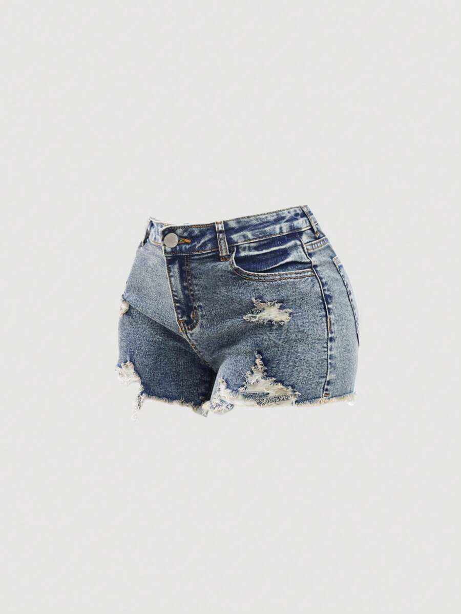 Girlism 少女Y2K春夏复古水洗低腰斜插口袋破洞牛仔迷你基础款短裤，毛边裤脚，适合女孩夏季海滩波西米亚风度假、夏季音乐会、音乐节、休闲派对、女孩夏季早午餐、教堂毕业典礼、街头风、返校派对等场合 - 藍色 - 查看 1