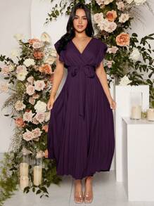 SHEIN Maternity Solid Color Pleated Dress, Elegant For Party - Purple - View 6