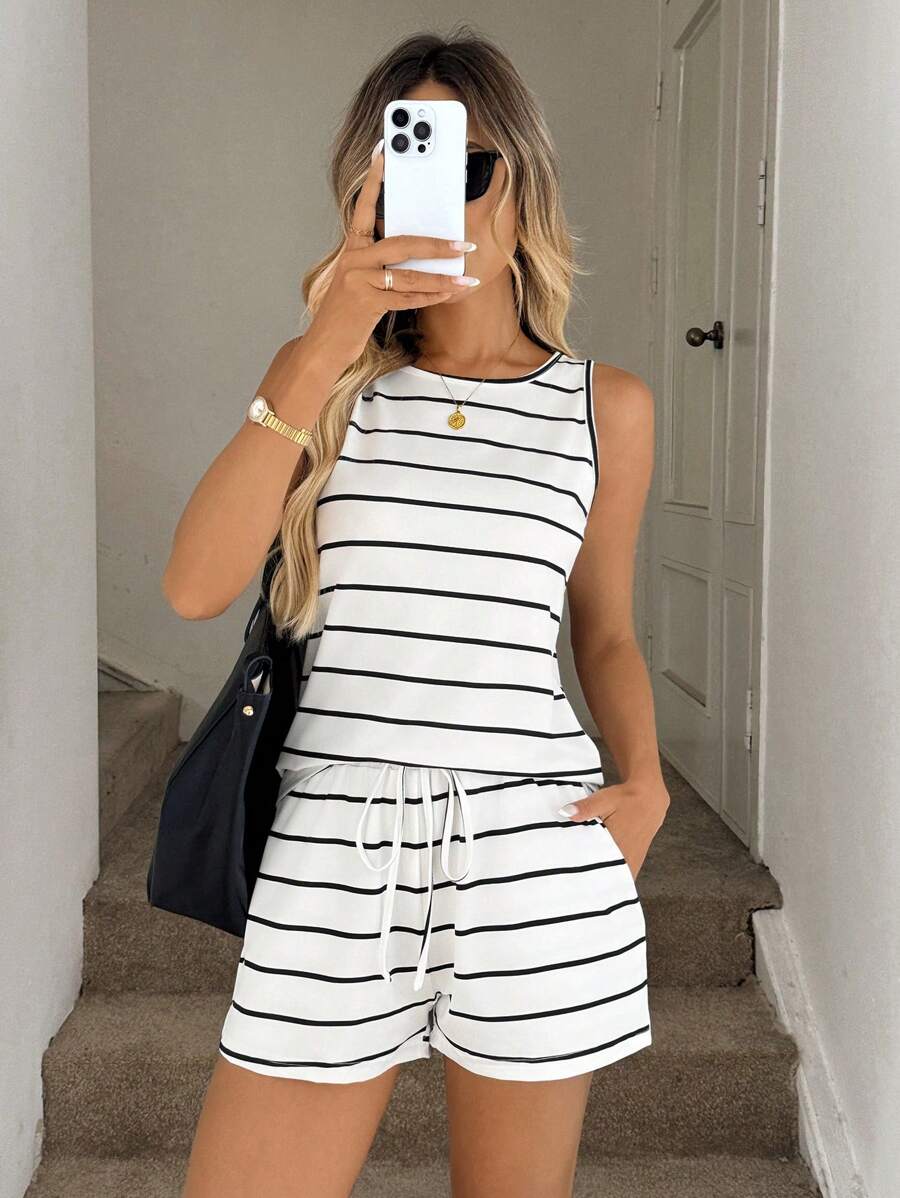 Easowa 女裝春夏時尚休閒條紋背心短褲套裝，時尚舒適，有彈性 - 彩色 - 查看 1