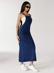 SHEIN ICON Váy denim thường ngày không tay màu xanh dành cho nữ, thời trang mùa hè - Rửa tối - Xem 5