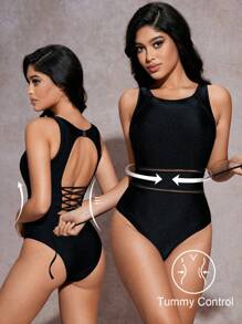 SHEIN Swim Women's One-Piece Hollow Out Backless Solid Color Sexy Slim Fit Sleeveless Swimsuit For Summer Beach Vacation - Black - View 1