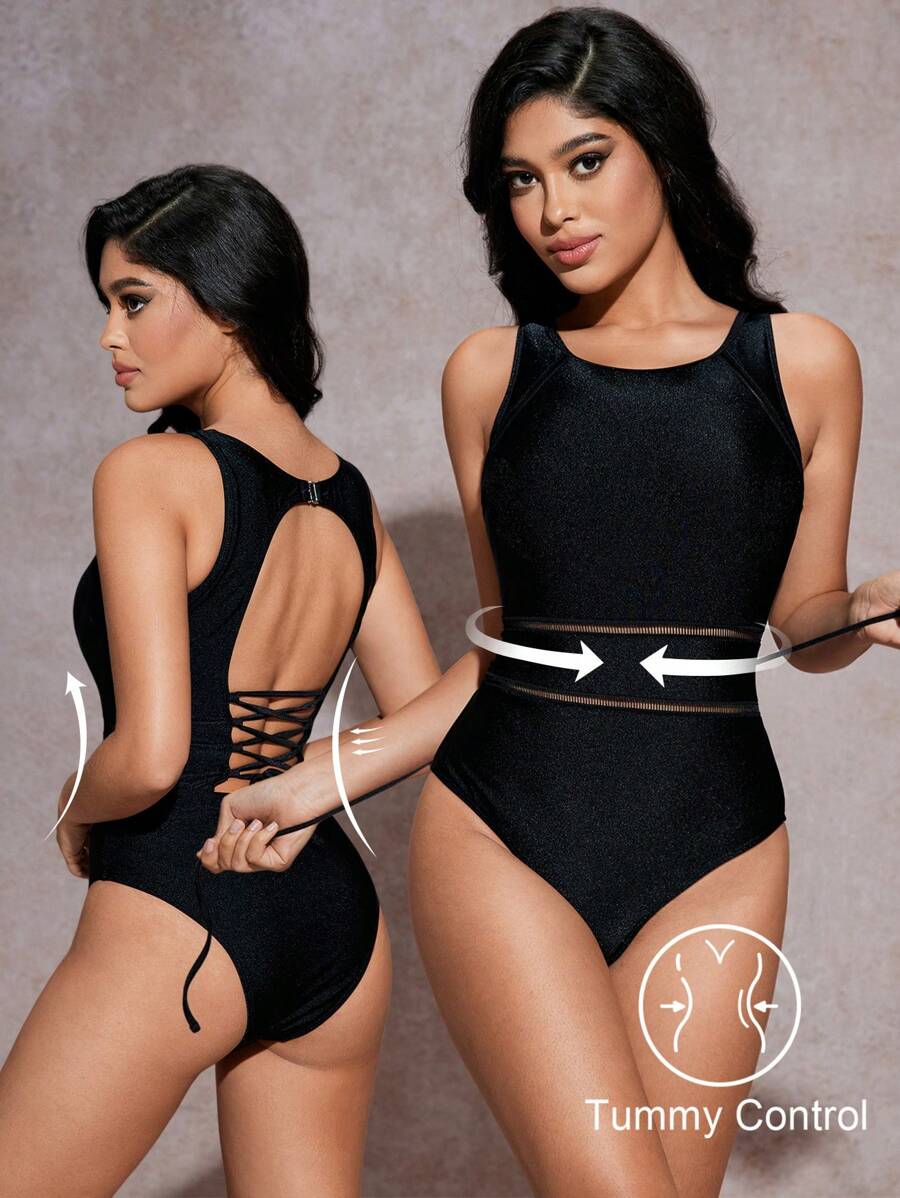 SHEIN Swim Women's One-Piece Hollow Out Backless Solid Color Sexy Slim Fit Sleeveless Swimsuit For Summer Beach Vacation - Black - View 1