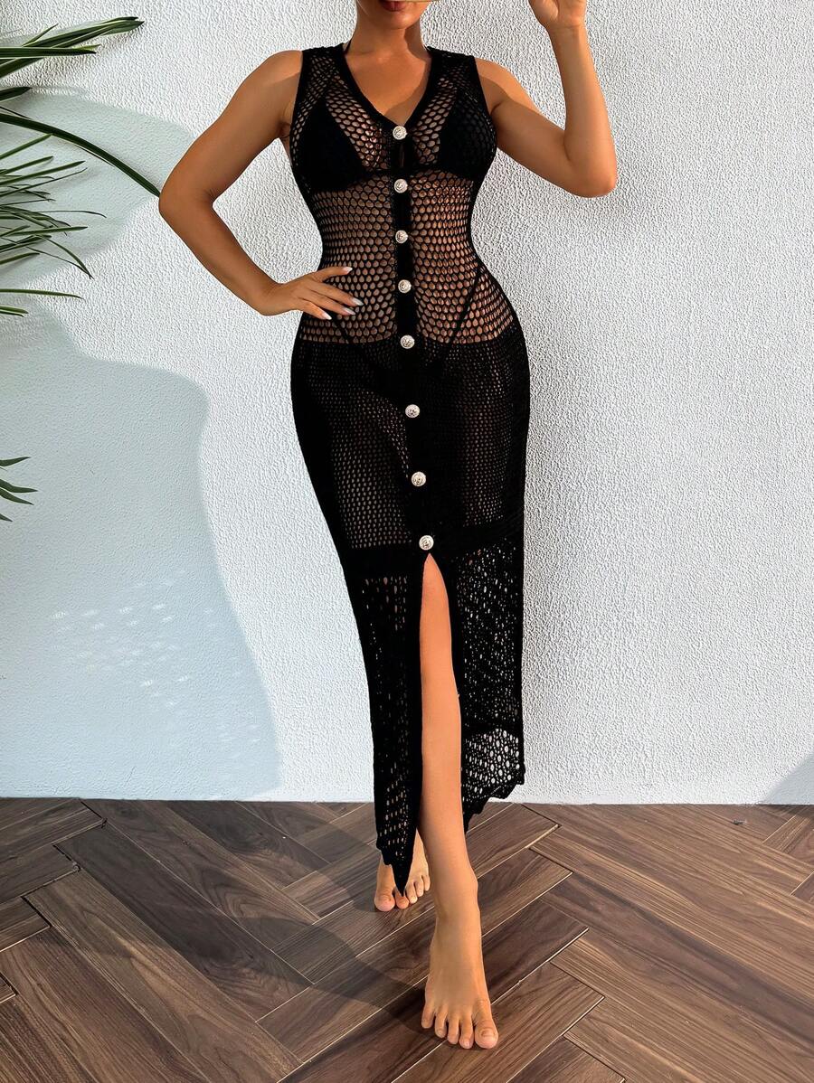 Swim Vcay Women Graduation Kimono, Spring & Summer Beachwear, Crochet Hollow Mesh Beach Robe, Elegant Sleeveless Gold Button Cover Up, Casual Beach Holiday - Black - View 1
