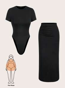 SHEIN Essnce Bộ đồ hai mảnh thường ngày Plsize dành cho nữ, Bộ đồ dệt kim, Bộ đồ liền thân và váy, Bộ đồ hai mảnh mùa hè, Quần áo thường ngày cho nữ, Đầm đen trang trọng cho nữ, Trang phục mùa hè cho nữ với váy băng - màu đen - Xem 1