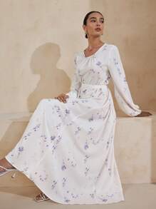 Graceveil Damen Kleid mit digitalem Muster, Rundhalsausschnitt, Langarm, Gürtel, schlicht & elegant im arabischen Stil