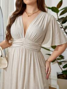 SHEIN Clasi Vestido de lino con cuello en V y bajo con abertura para mujer talla grande, vestido de madre de la novia, verano - Albaricoque - Ver 7
