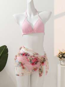 Conjunto de bikini con estampado floral y Bottom blanca contrastante para niñas preadolescentes, que acentúa la silueta de verano y irradia un ambiente seductor