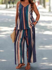 EMERY ROSE Conjunto de 2 piezas con top sin mangas de cuello en V a rayas de contraste y pantalón de pierna ancha en talla grande, corte holgado para el verano - Multicolor - Ver 3