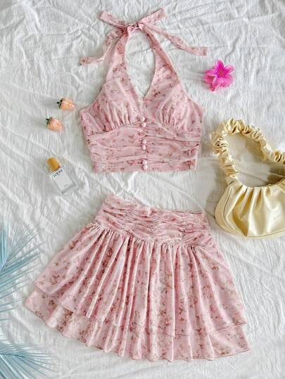 Elegant Pink Short Co-Ords With Halter Neckline And Flowy Skirt For Summer Pink Two Piece Set Two Piece Skirt Set Floral Two Piece Set Vacation Two Piece Set