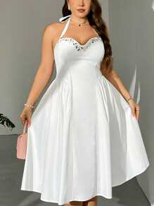 Firerie Plus Size Elegant Simple Delicate Romantic Sweet Lady Valentine's Day Wedding Season Beach Vacation Everyday Embroidered Floral High Waist Pleated A-Line Midi Dress, White Bustier Halter/Valentine's Day/Concert/Performance Costumes/Dating/Senior Banquet/Dance/Wedding Season/Sexy/Elegant/Commuting/Back To School Season/Vacation/Beach/Elegant Romance/Office Enchantress/Siren Style/Birthday Party Outfits - White - View 4