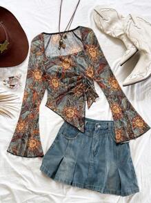 Soleia Blusa larga de manga abullonada con estampado floral bohemio, cordón y bajo asimétrico, adecuada para fiesta, cita, festival de música, té de la tarde, como interior o exterior