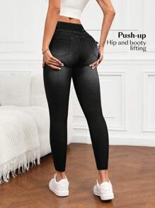 Flexra Women's Elastic Waist Skinny Fashion Casual Jeans Women Tummy Control Leggings High Waisted Leggings Compression Leggings Black Denim Leggings - Black - View 2