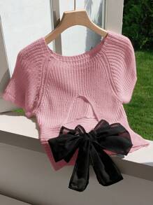 Comfortcana 女士圆领插肩袖后绑带短袖针织毛衣