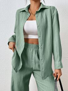 SHEIN PETITE Setelan Kasual Dua Potong Wanita Lengan Panjang Kancing Tunggal Warna Polos, Kemeja dan Celana - Cadet Blue - View 6