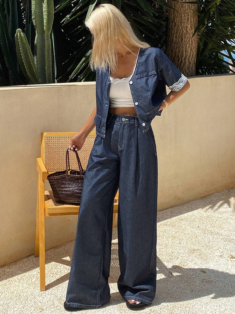 Women's Summer V-Neck Lace Insert Short Sleeve Cardigan With Loose Wide Leg Pants 2pcs Casual Elegant Denim Set