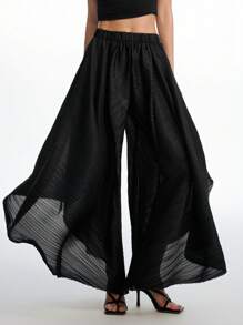 LYSMO Women's Black Solid Color Elastic Waist Pleated Fabric Wide Leg Loose Casual Pants For Vintage Style, BOHO Chic, Beach Vacation Outfits And Streetwear 2025 Fashionable New Arrive - Black - View 4