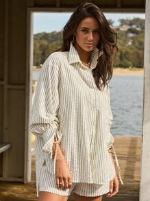 Aralina Women's Autumn/Winter Casual Textured Striped Oversized Button Up Drawstring Long Sleeve Shirt - Apricot - View 13