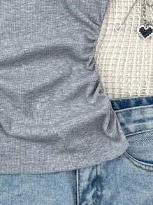 SHEIN Teen Girls Basic White Polka Dot Ribbed Racerback Tank Top With Gold Buttons, Casual All-Match White Camisole - Grey - View 6