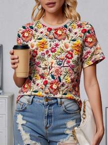 SHEIN LUNE Maglietta casual da donna a manica corta con grafica 3D, aderente, lavorazione speciale, adatta per primavera/estate - Multicolore - Visualizzare 1