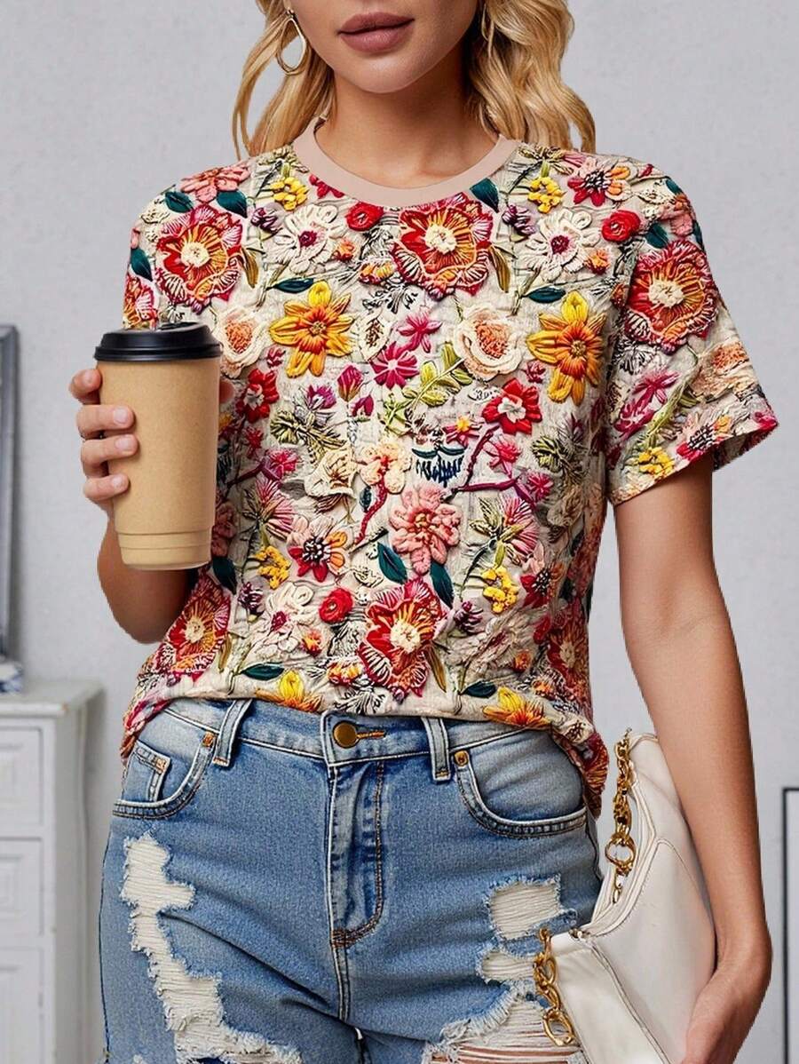 SHEIN LUNE Maglietta casual da donna a manica corta con grafica 3D, aderente, lavorazione speciale, adatta per primavera/estate - Multicolore - Visualizzare 1