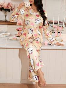 2 件套女士卡通可爱猫心棒棒糖睡衣套装，秋季衣服