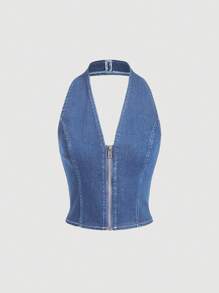 SHEIN MOD 女式拉链前领无袖牛仔上衣，休闲夏季 - 中等水洗藍 - 查看 1