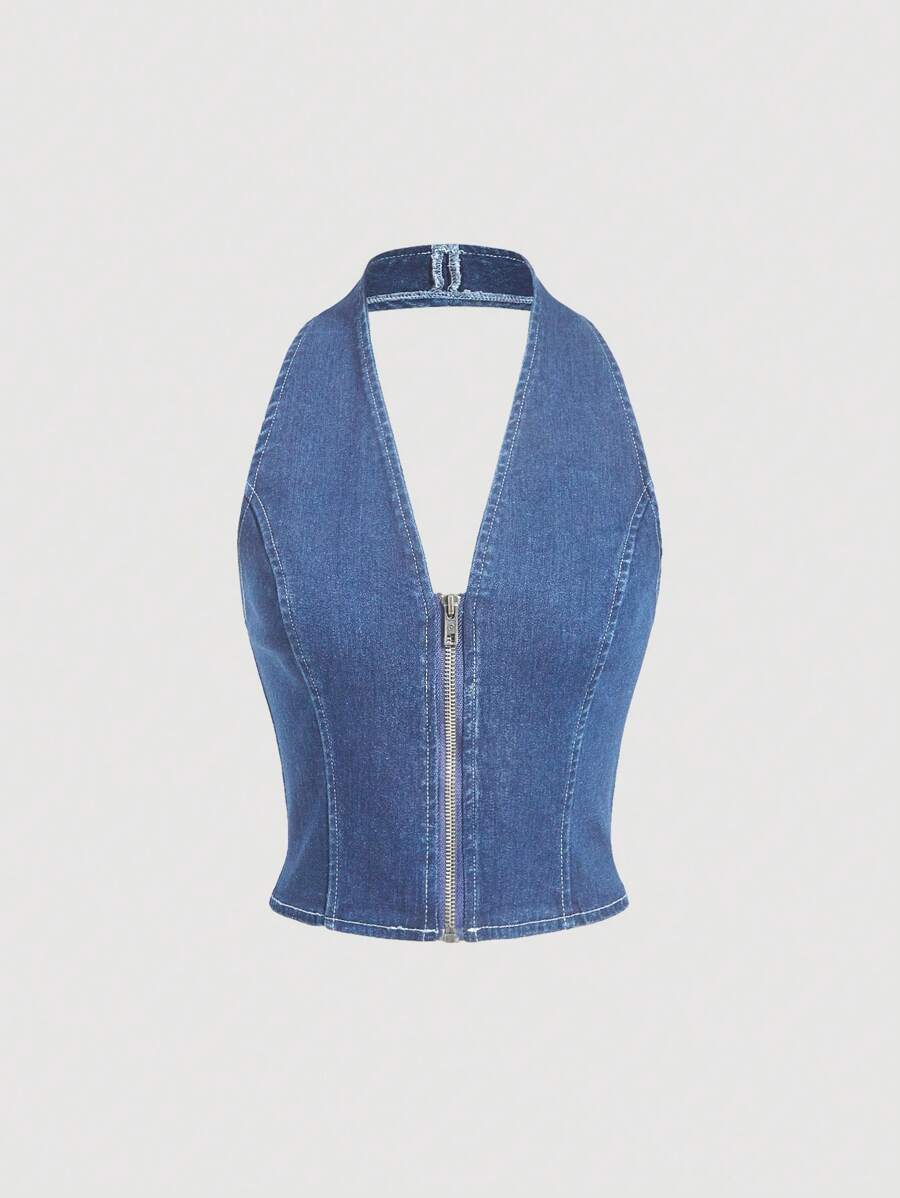 SHEIN MOD 女式拉链前领无袖牛仔上衣，休闲夏季 - 中等水洗藍 - 查看 1