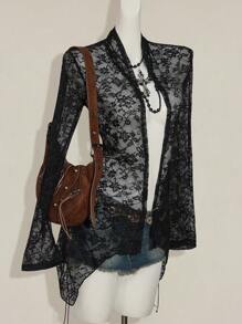 SHEIN ICON Sexy Lace Asymmetrical See-Through Cardigan Top - Black - View 3