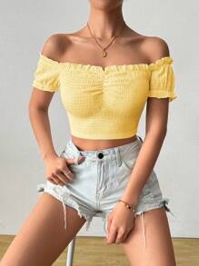 Chiquease Women's Plain Color Sexy Off Shoulder Texture Versatile Cropped T-Shirt - Yellow - View 6