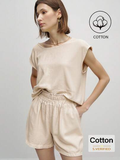 Airaco 2pcs/Set Women Summer Casual Batwing Sleeve Top And Elastic Waist Paper Bag Pocket Shorts, Daily Wear