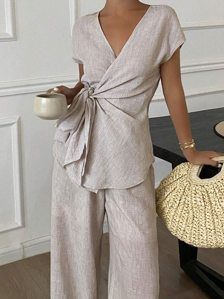 2pcs/Set Women's Vacation Casual Tie-Up Wrap Shirt And Pants