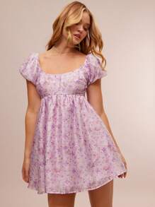 WESTFADE Robe mini d'été imprimée florale en jacquard, col en coupe basse, manches courtes bouffantes, nœud papillon, dos ouvert, style boho cowgirl country western pour concert, vacances à la plage, brunch, remise de diplôme - Prune - Voir 3