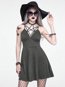 ROMWE Goth 夏季哥特式女式性感纯色迷你连衣裙 - 灰色 - 查看 5