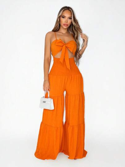 Sirith 女式纯色打结腰部阔腿连体裤，夏季