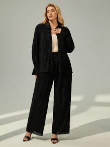 SHEIN Essnce Plus Flounce Sleeve Shirt & Wide Leg Pants