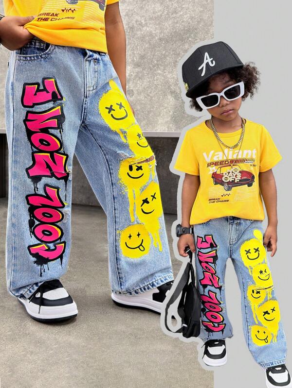 Young Boy Urban Street Cool Stylish Colorful Graffiti Print Ripped Frayed Loose Fit Baggy Blue Denim Jeans Pants,Casual And Versatile For Kids Clothes Boys Four Seasons Indoor/Outdoor Wear Clothes And Streetwear Outfits For Toddler Boys
