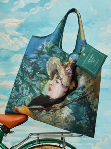 SHEIN Touch of Art 1 túi mua sắm gấp gọn bằng polyester hình người/túi tote có túi nhỏ, có dây xích để treo túi, Claude Monet, Nghệ thuật & Sự thanh lịch - Nhiều màu - Xem 2