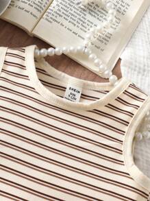 SHEIN 女婴条纹休闲优雅时尚连衣裙，百搭春夏基础款 - 棕色 - 查看 5