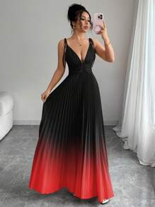 Elenzga Robe élégante et romantique pour femmes avec col en V dégradé, taille froncée et bretelles