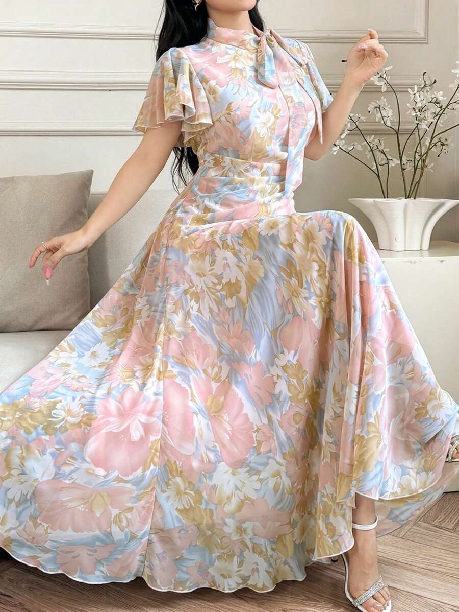Modelyn Women's Floral Print Ruched Ruffled Collar Tie Waist Swing Dress - Pink - View 1