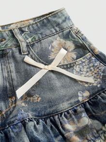 ROMWE Fairycore 女式大码复古花卉印花及膝长裙 - 藍色 - 查看 3