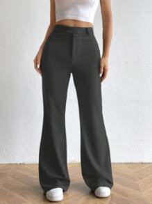 Flirla Women High Waist Flare Leg Casual Pants Fall Cloth For Women - Grey - View 3