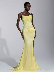 Elitara Elegant Cream Yellow Satin Shiny Elastic Spaghetti Strap Fish Bone Tape Low Waist Fish Tail Slit Maxi Dress, Suitable For Dates, Vacations, Music Festivals, Weddings, Awards Ceremonies, Graduation, Prom, Formal Occasions - Light Yellow - View 5