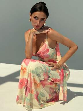 Aloruh Neues romantisches florales Mesh-Druckkleid mit sexy offenem Rücken, drapiertem Ausschnitt und extra langen Trägern