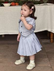 Hapijoa 2pcs/Set Baju Bayi Perempuan Polo Kerah Garis-garis dengan Pita dan Rok Lipit, Pakaian Balita Perempuan - Biru - View 6