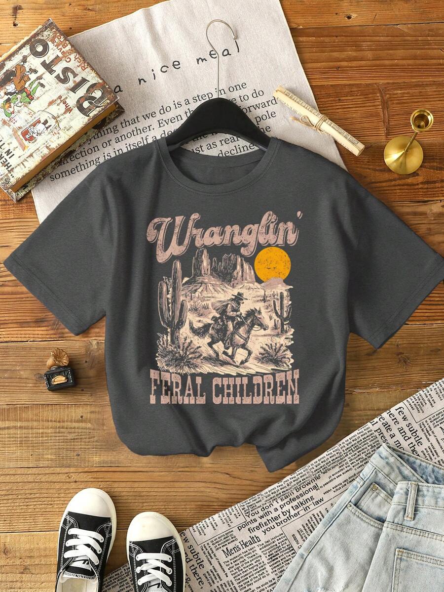 INAWLY Vintage Graphic Print Women Plus Size Casual Short Sleeve T-Shirt, For Summer