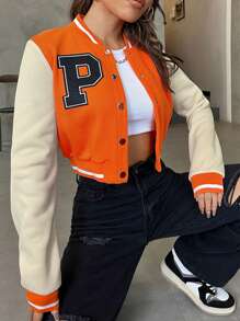 SHEIN EZwear Letter Patched Colour Block Crop Varsity Jacket - Orange - View 1