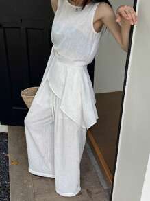 DAZY 2pcs/Set Women Summer Asymmetric Hem Round Neck Sleeveless Tank Top And Loose Casual Wide Leg Long Pants Streetwear Casual Suit