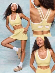 GLOWMODE FeatherFit™ Big Energy Contrast Color Panel Removable Cups Sports Bra Low Impact Yoga Pilates Studio Daily Casual Wear - French Vanilla - Xem 6